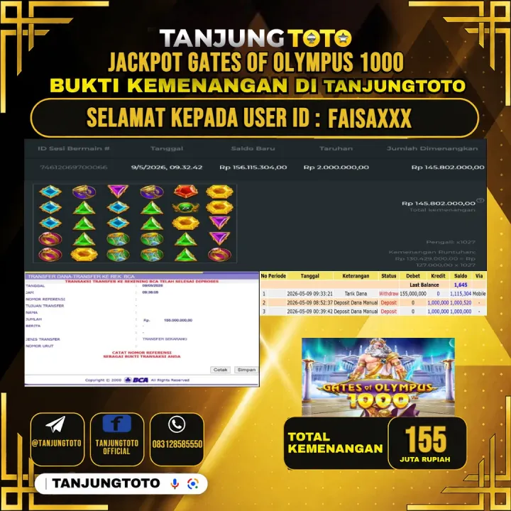 TANJUNGTOTO JACKPOT SLOT GATES OF OLYMPUS 1000 Rp155,000,000 - LUNAS USER ID : FAISA***