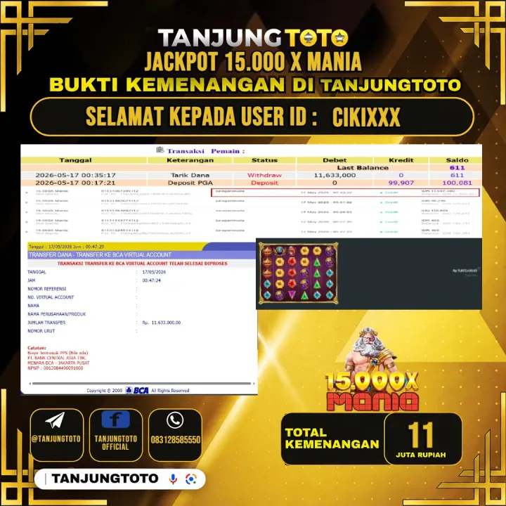 TANJUNGTOTO JACKPOT SLOT 15.000 x MANIA Rp11,000,000 - LUNAS USER ID : CIKI***