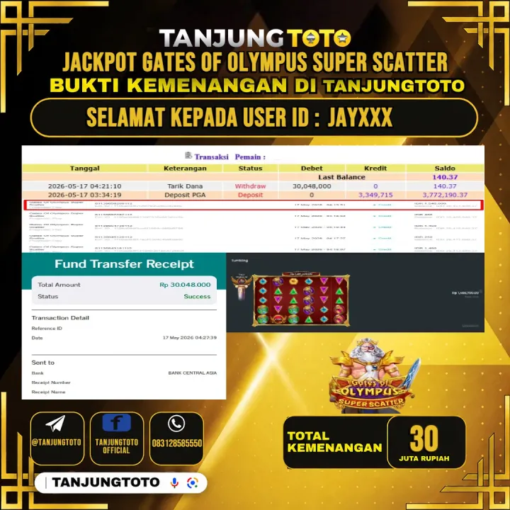TANJUNGTOTO JACKPOT SLOT GATES OF OLYMPUS SUPER SCATTER Rp30,000,000 - LUNAS USER ID : JAY***