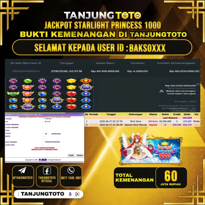 TANJUNGTOTO JACKPOT SLOT STARLIGHT PRINCESS 1000 Rp.60,000,000 - LUNAS USER ID : SURAT***