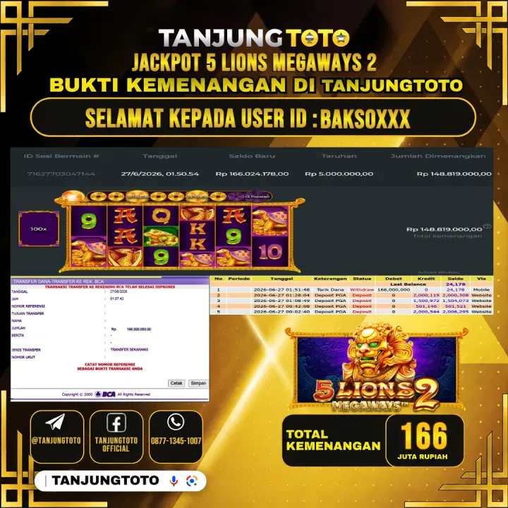 TANJUNGTOTO JACKPOT SLOT 5 LIONS MEGAWAYS 2 Rp.166,000,000 - LUNAS USER ID : BAKSO***
