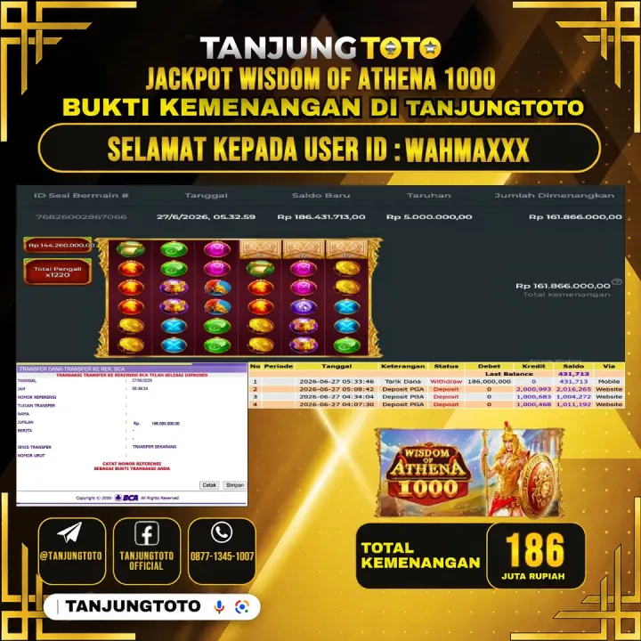 TANJUNGTOTO JACKPOT SLOT WISDOM OF ATHENA 1000 Rp.186,000,000 - LUNAS USER ID : WAHMA***