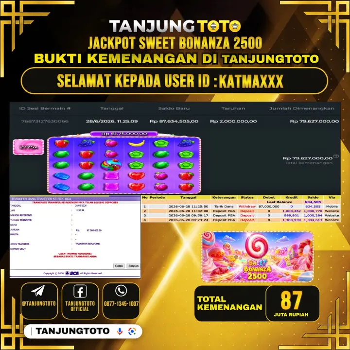 TANJUNGTOTO JACKPOT SLOT SWEET BONANZA 2500 Rp.87,000,000 - LUNAS USER ID : KATMA***