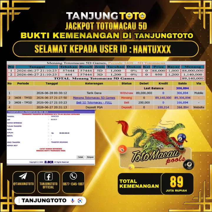 TANJUNGTOTO JACKPOT TOGEL PASARAN TOTOMACAU 5D Rp.89,000,000 - LUNAS USER ID : HANTU***