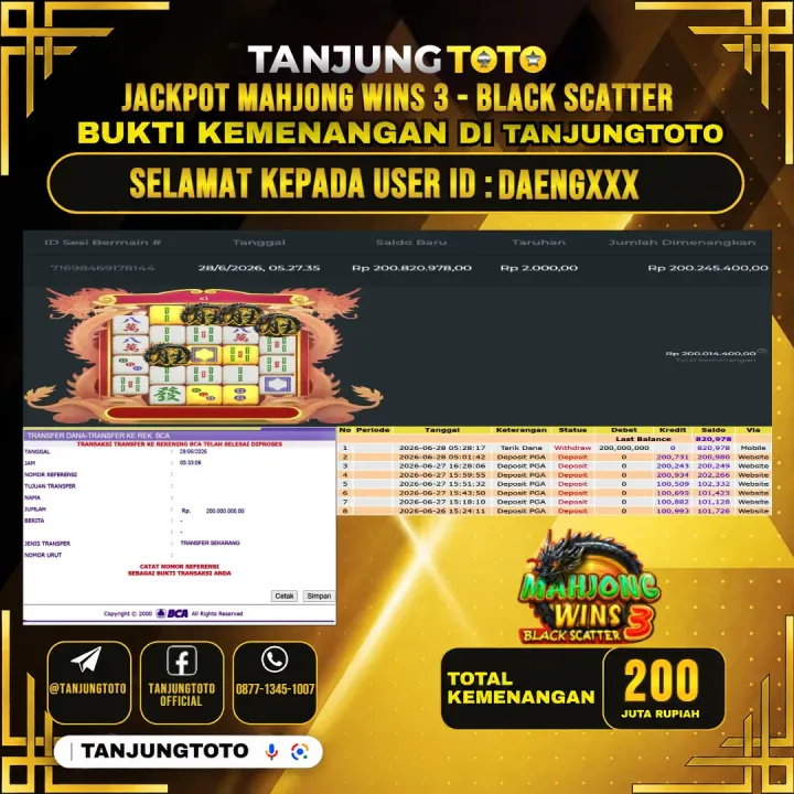 TANJUNGTOTO JACKPOT SLOT MAHJONG WINS 3 - BLACK SCATTER Rp.200,000,000 - LUNAS USER ID : DAENG***