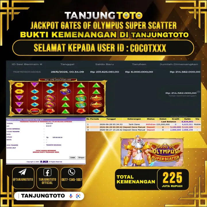 TANJUNGTOTO JACKPOT SLOT GATES OF OLYMPUS SUPER SCATTER Rp.225,000,000 - LUNAS USER ID : COCOT***