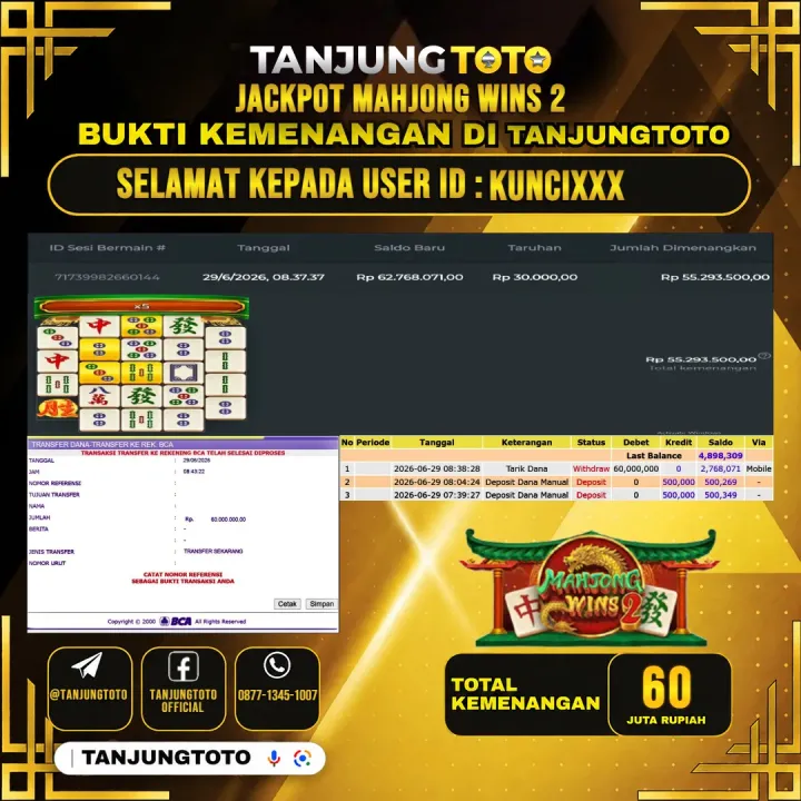 TANJUNGTOTO JACKPOT SLOT MAHJONG WINS 2 Rp.60,000,000 - LUNAS USER ID : KUNCI***