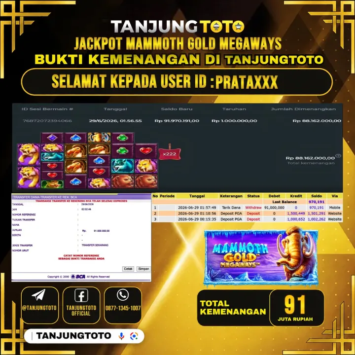 TANJUNGTOTO JACKPOT SLOT MAMMOTH GOLD MEGAWAYS Rp.91,000,000 - LUNAS USER ID : PRATA***