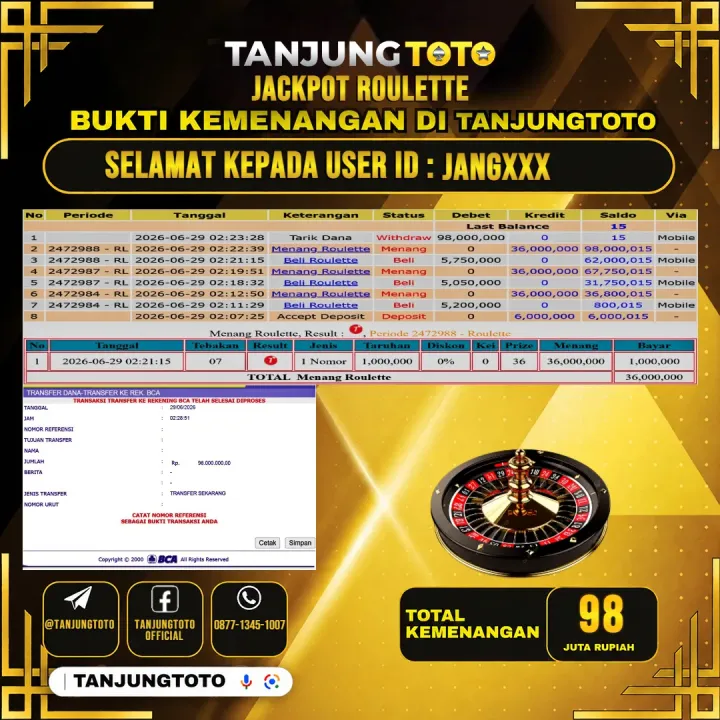 TANJUNGTOTO JACKPOT LIVE GAMES ROULETTE Rp.98,000,000 - LUNAS USER ID : JANG***