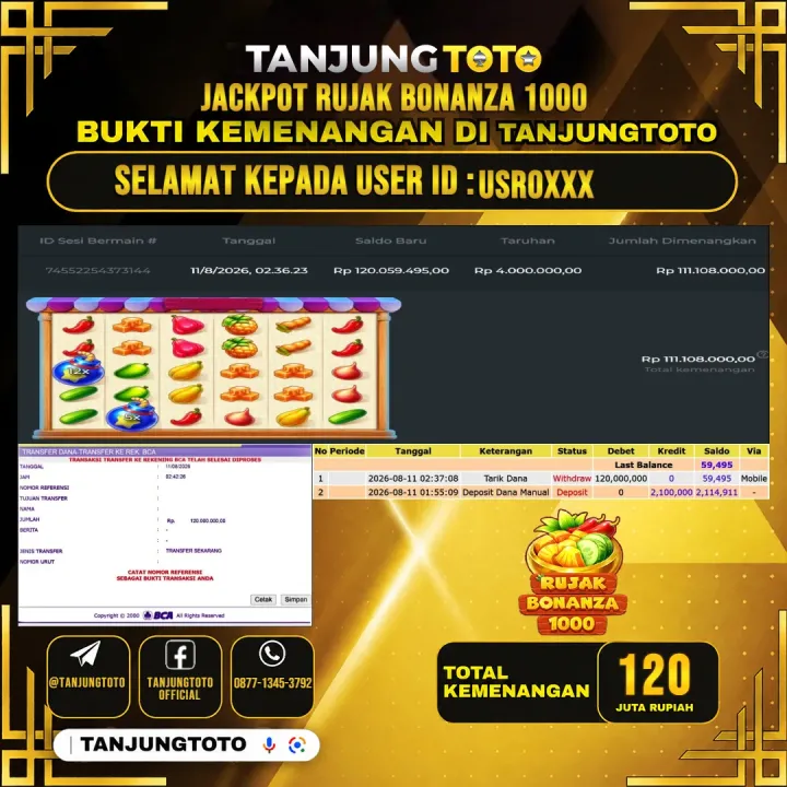 TANJUNGTOTO JACKPOT SLOT RUJAK BONANZA 1000 Rp.120,000,000 - LUNAS USER ID : USRO***