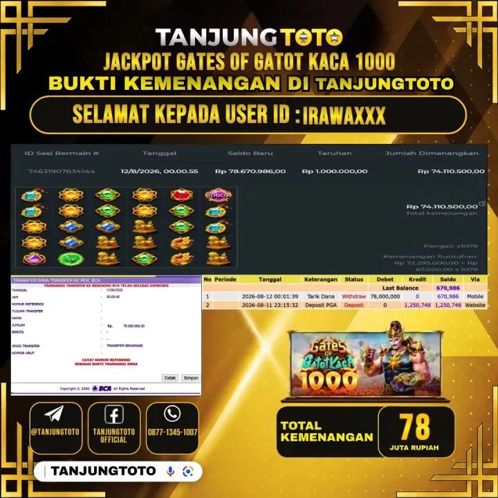 TANJUNGTOTO JACKPOT SLOT GATES OF GATOT KACA 1000 Rp.78,000,000 - LUNAS USER ID : IRAWA***
