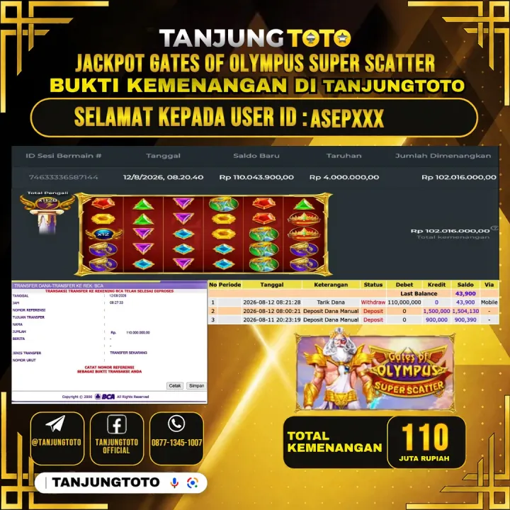 TANJUNGTOTO JACKPOT SLOT GATES OF OLYMPUS SUPER SCATTER Rp.110,000,000 - LUNAS USER ID : ASEP***