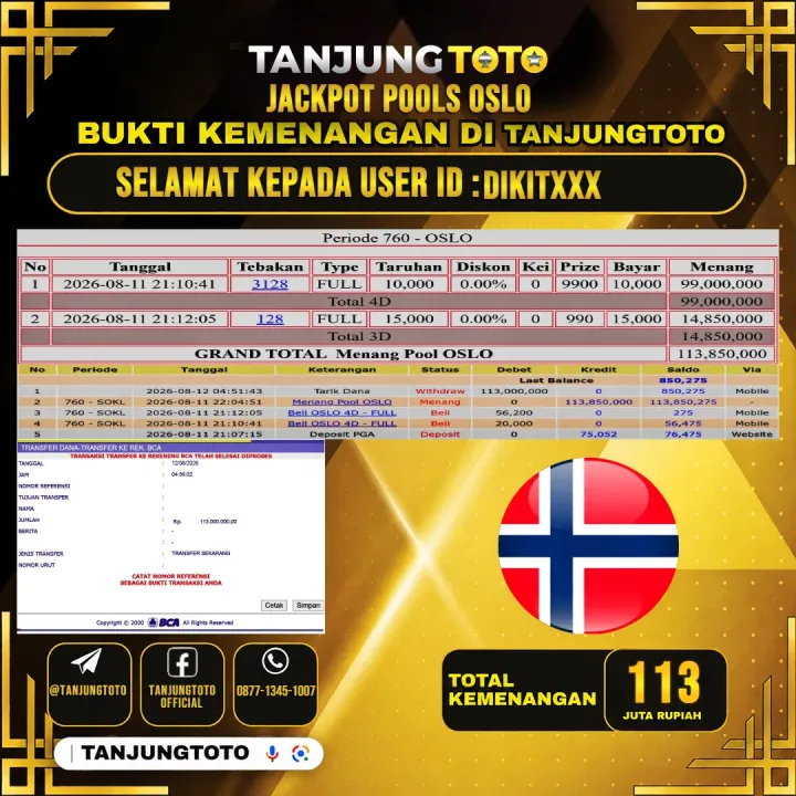 TANJUNGTOTO JACKPOT TOGEL PASARAN OSLO Rp.113,000,000 - LUNAS USER ID : DIKIT***