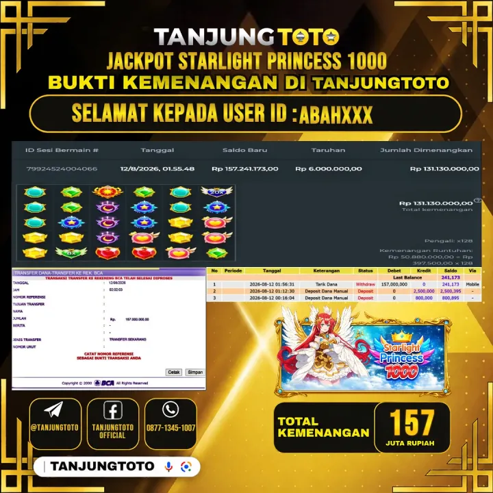 TANJUNGTOTO JACKPOT SLOT STARLIGHT PRINCESS 1000 Rp.157,000,000- LUNAS USER ID : ABAH***