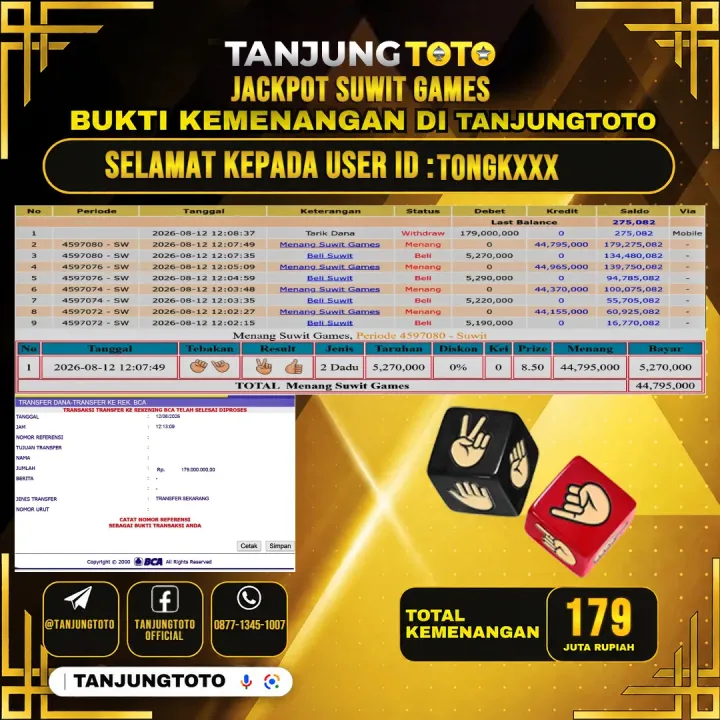 TANJUNGTOTO JACKPOT LIVE GAMES SUWIT GAMES Rp.179,000,000 - LUNAS USER ID : TONGK***