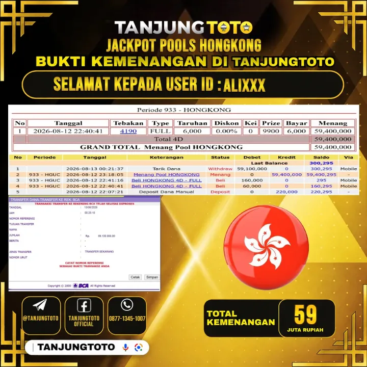 TANJUNGTOTO JACKPOT TOGEL PASARAN HONGKONG Rp.59,000,000- LUNAS USER ID : ALI***