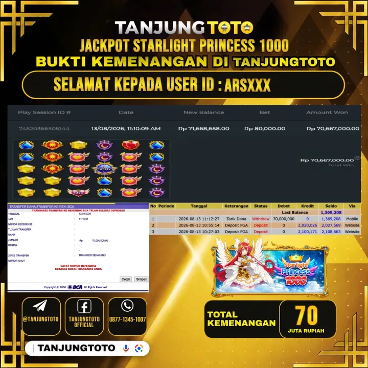 TANJUNGTOTO JACKPOT SLOT STARLIGHT PRINCESS 1000 Rp.70,000,000- LUNAS USER ID : ARS***