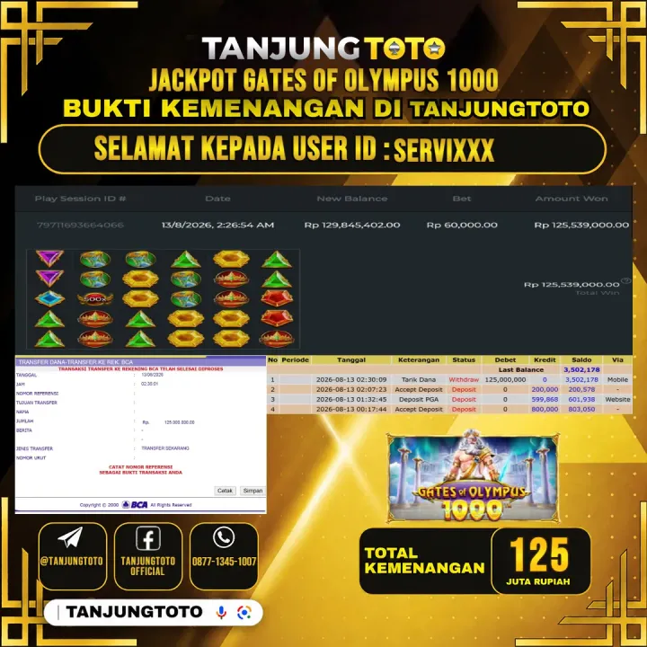 TANJUNGTOTO JACKPOT SLOT GATES OF OLYMPUS 1000 Rp.125,000,000- LUNAS USER ID : SERVI***