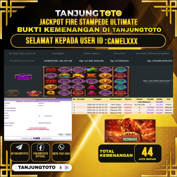 TANJUNGTOTO JACKPOT SLOT FIRE STAMPEDE ULTIMATE Rp.44,000,000- LUNAS USER ID : CAMEL***