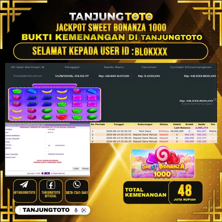 TANJUNGTOTO JACKPOT SLOT SWEET BONANZA 1000 Rp.48,000,000- LUNAS USER ID : BLOK***