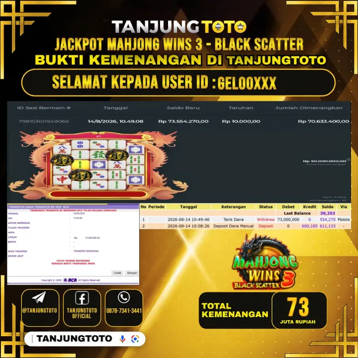 TANJUNGTOTO JACKPOT SLOT MAHJONG WINS 3 - BLACK SCATTER Rp.73,000,000- LUNAS USER ID : GELOO***