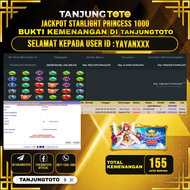 TANJUNGTOTO JACKPOT SLOT STARLIGHT PRINCESS 1000 Rp.155.000.000- LUNAS USER ID : YAYAN***