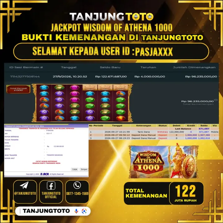 TANJUNGTOTO JACKPOT SLOT WISDOM OF ATHENA 1000 Rp.122.000.000- LUNAS USER ID : PASJA***