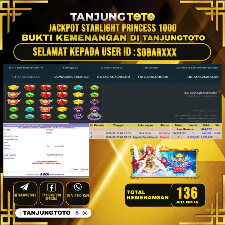 TANJUNGTOTO JACKPOT SLOT STARLIGHT PRINCESS 1000 Rp.136.000.000- LUNAS USER ID : SOBAR***