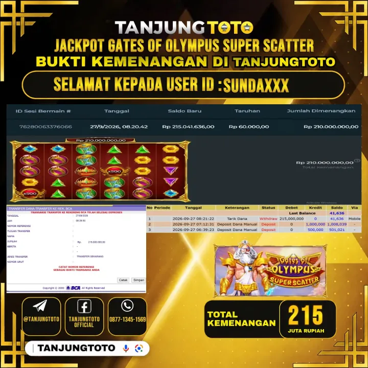 TANJUNGTOTO JACKPOT SLOT GATES OF OLYMPUS SUPER SCATTER Rp.215.000.000- LUNAS USER ID : SUNDA***