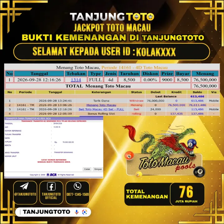 TANJUNGTOTO JACKPOT TOGEL PASARAN TOTO MACAU Rp.76.000.000- LUNAS USER ID : KOLAK***
