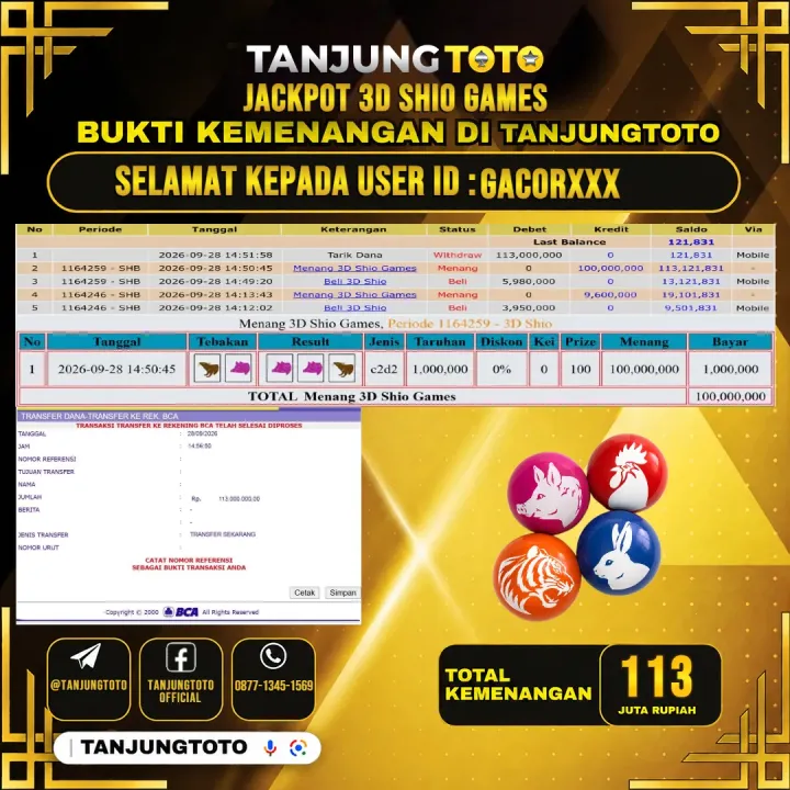 TANJUNGTOTO JACKPOT LIVE GAMES 3D SHIO GAMES Rp.113.000.000- LUNAS USER ID : GACOR***