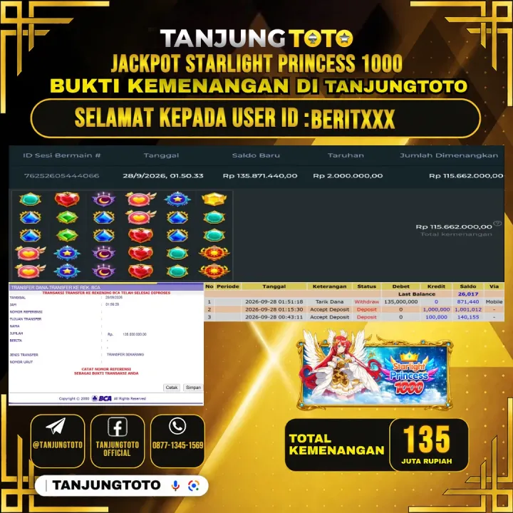TANJUNGTOTO JACKPOT SLOT STARLIGHT PRINCESS 1000 Rp.135.000.000- LUNAS USER ID : BERIT***
