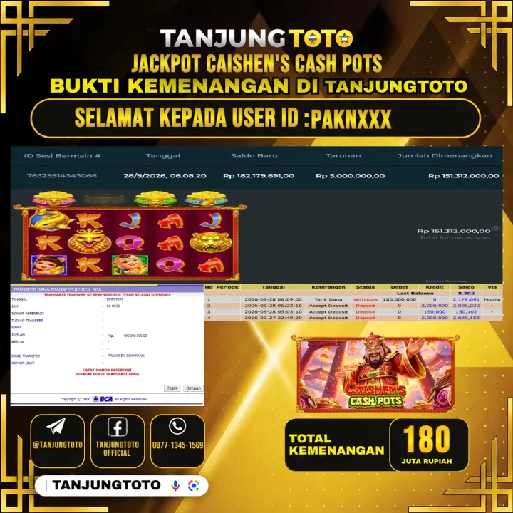 TANJUNGTOTO JACKPOT SLOT CAISHEN'S CASH POTS Rp.180.000.000- LUNAS USER ID : PAKN***