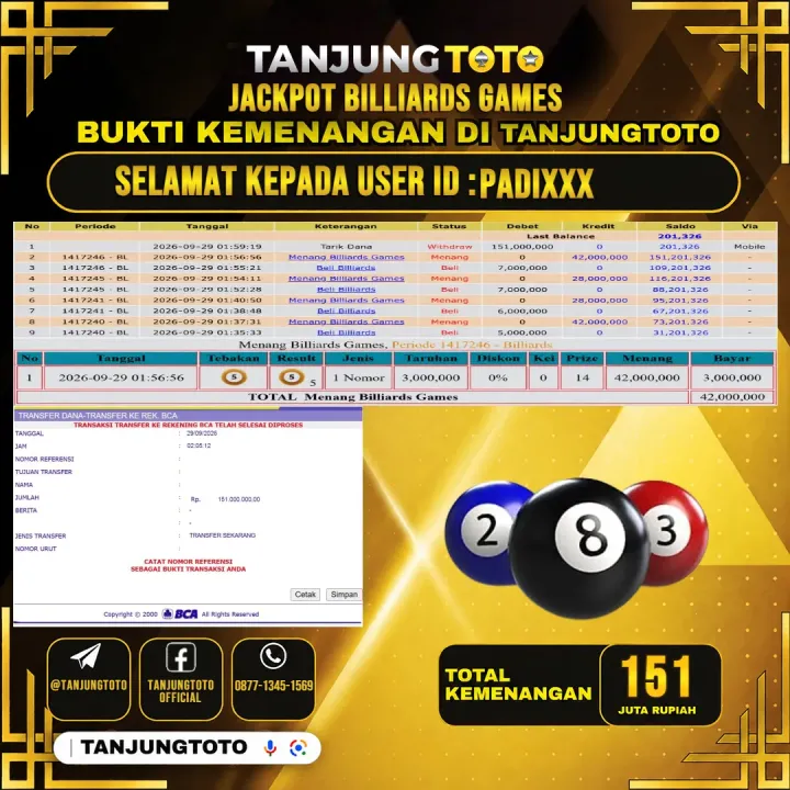 TANJUNGTOTO JACKPOT LIVE GAMES BILLIARDS GAMES Rp.151.000.000- LUNAS USER ID : PADI***