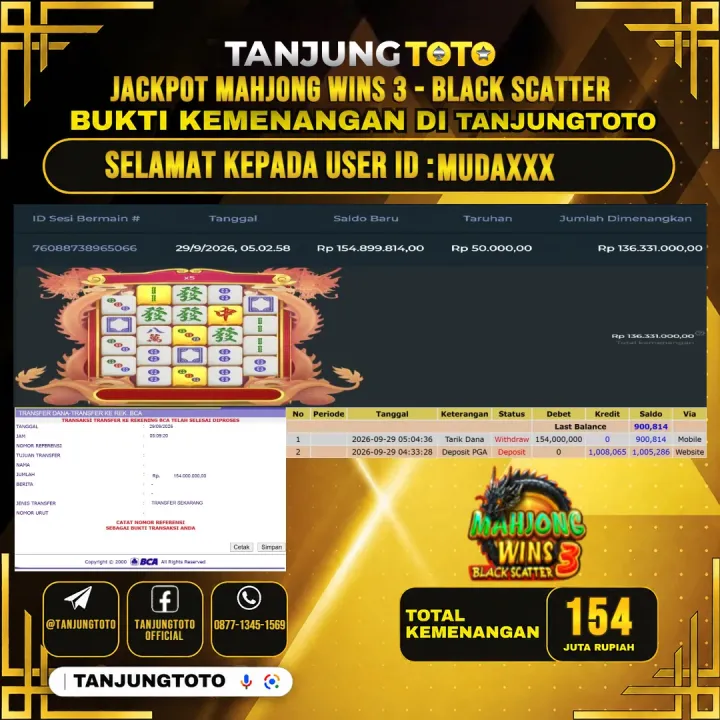 TANJUNGTOTO JACKPOT SLOT MAHJONG WINS 3 - BLACK SCATTER Rp.154.000.000- LUNAS USER ID : MUDA***